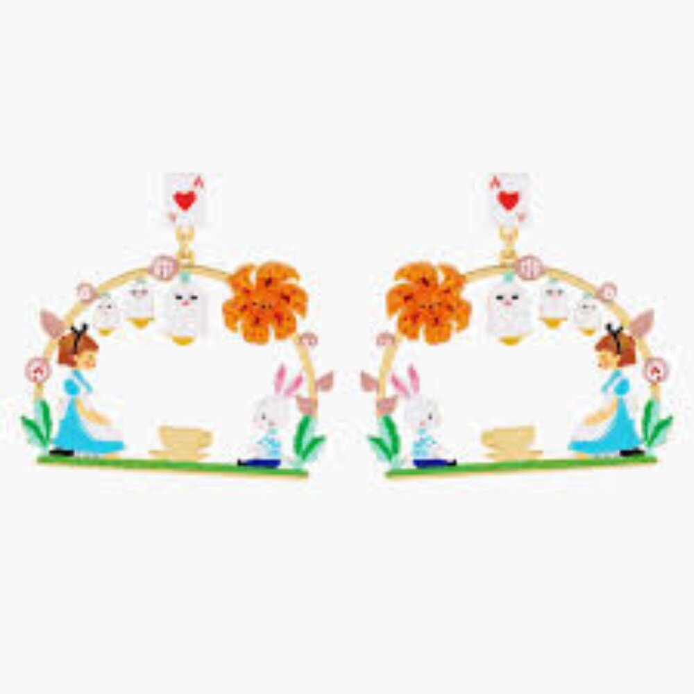 Les Nereides Alice And White Rabbit Tea Time Hoop Stud Earrings